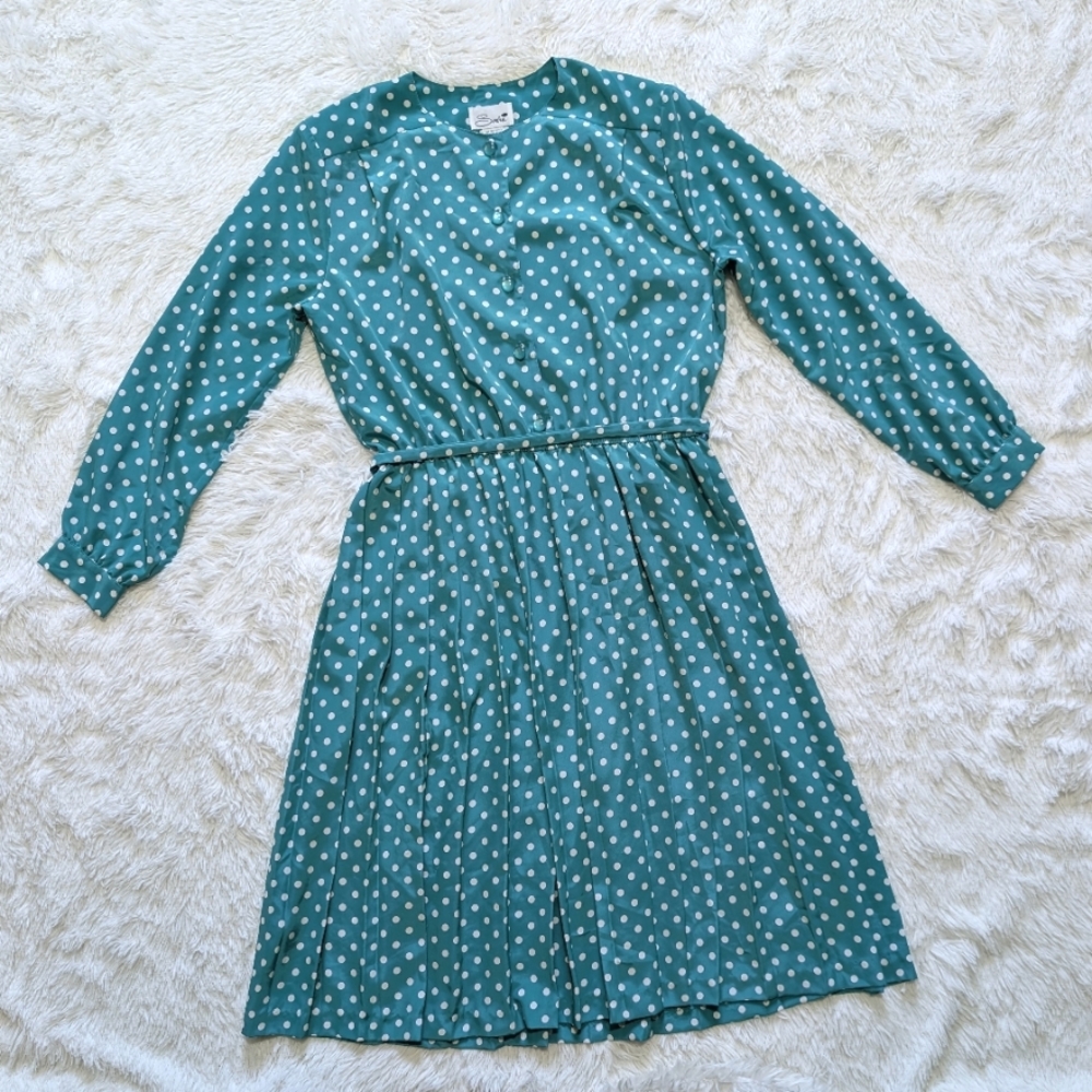 80s Vintage Serben Turquoise Polka Dot  Pleated Half Button Dress Size 14 Petite